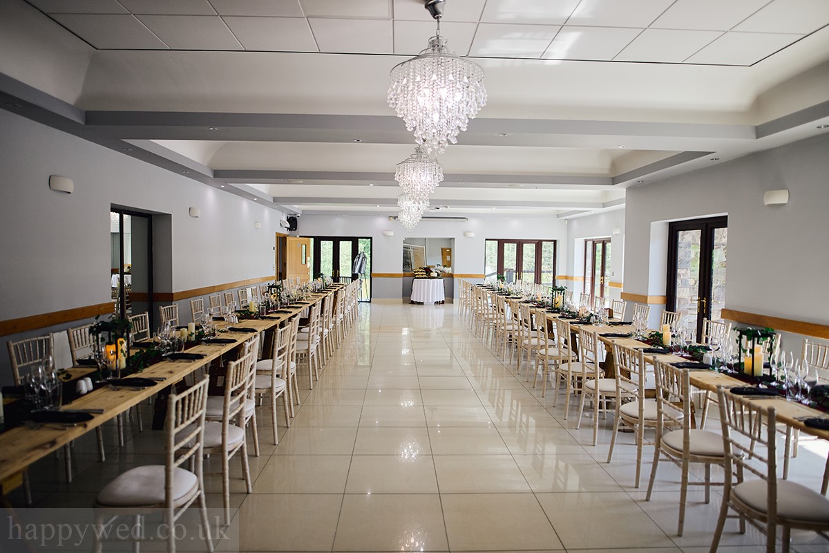 two large rustic wooden tables Canada Lodge
