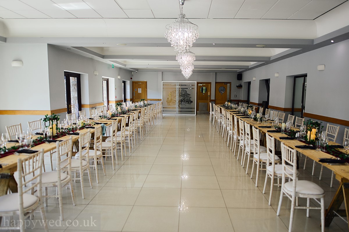 two large rustic wooden tables Canada Lodge
