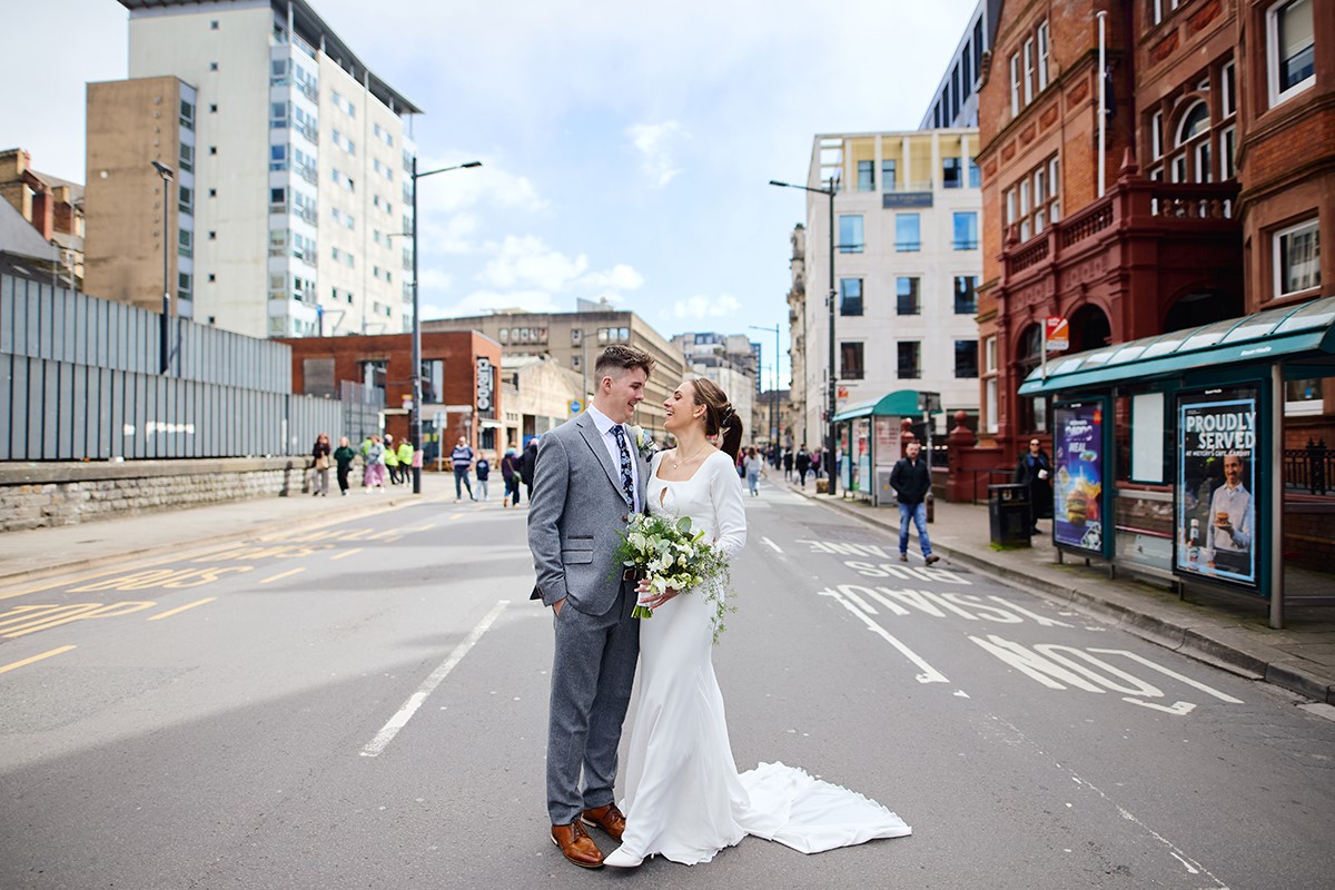 Cardiff city centre bride and groom photo session